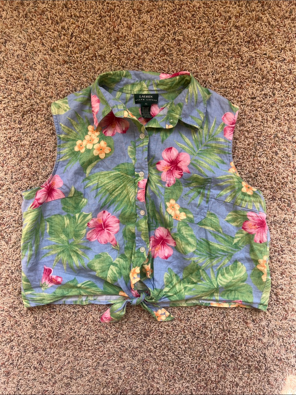 XL Linen Ralph Lauren Tropical Floral Tie-Front Sleeveless Top